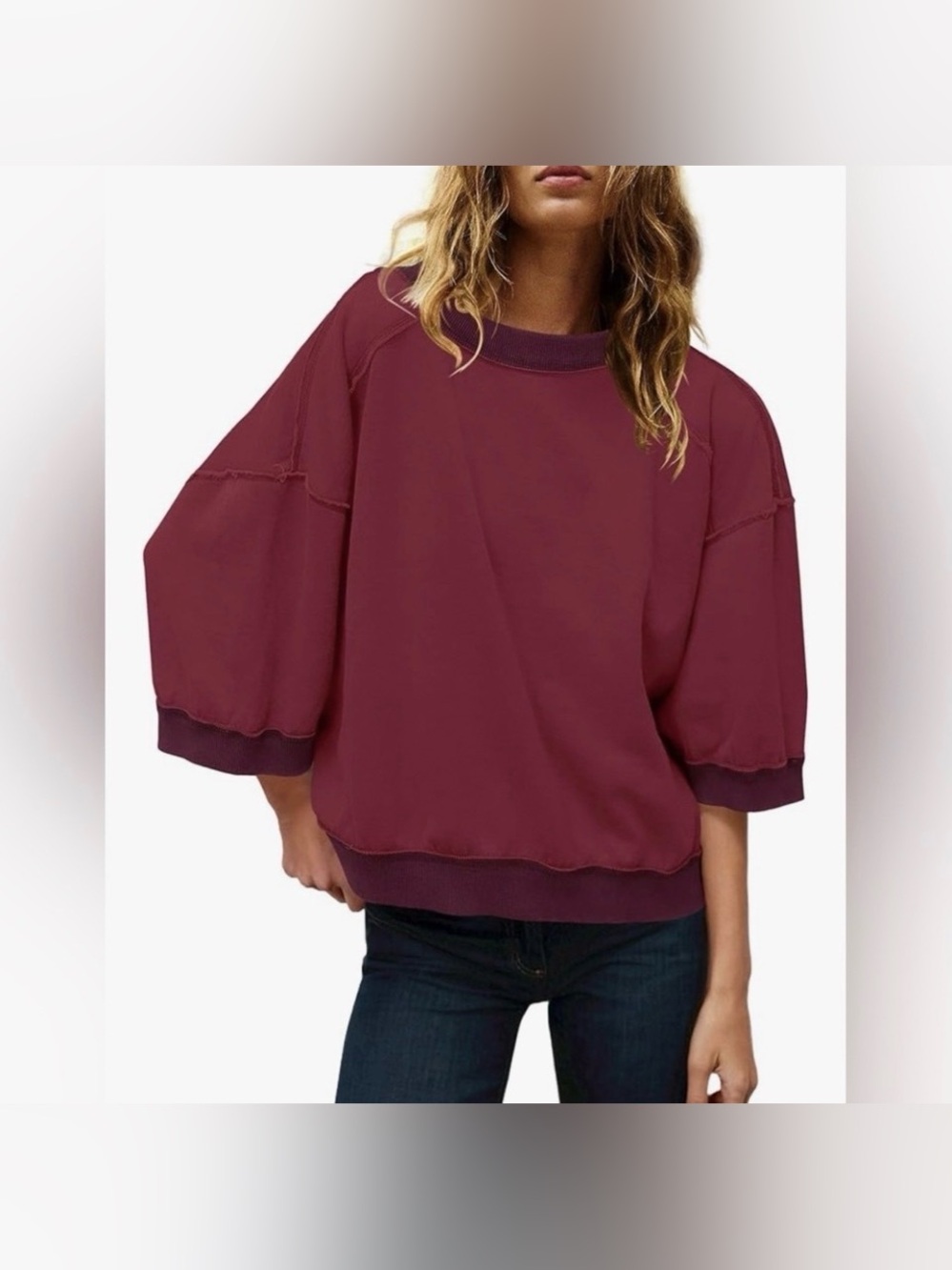 Boutique Oversized Beach Babe 3/4 Sleeve Pullover Oxblood Sweatshirt Knit M NWT